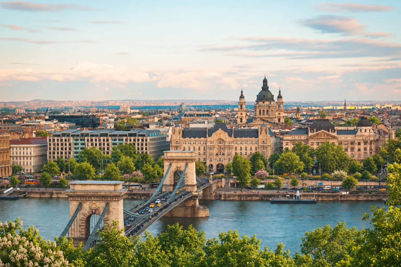 The Chain Bridge and the Pest bank of the Danube, with St Stephen’s Basilica in the background